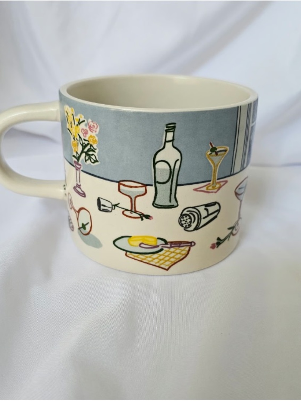 Cream and Blue Illustrated Dining-Scene Ceramic Mug